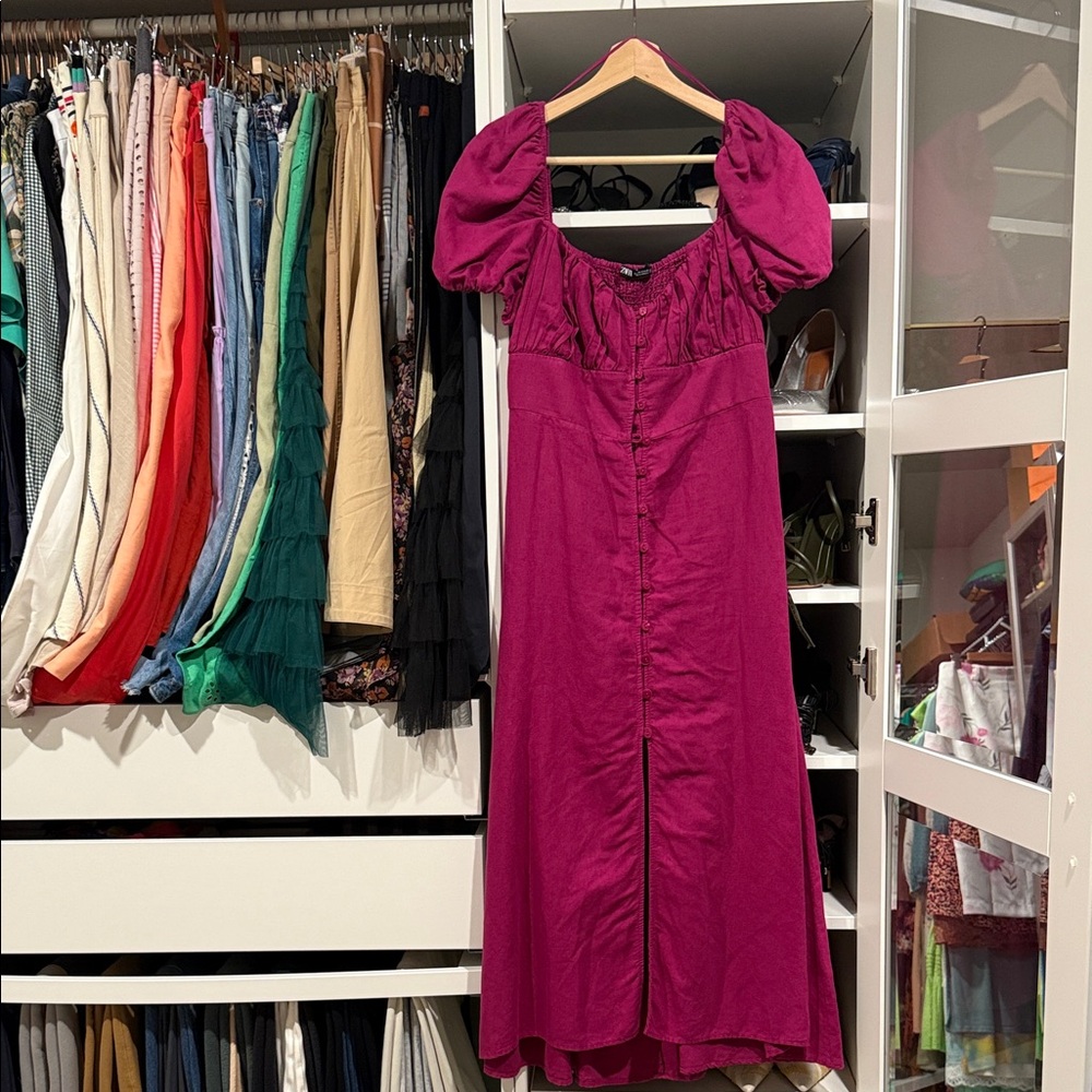 Zara Fuchsia Puff Sleeve Midi Dress